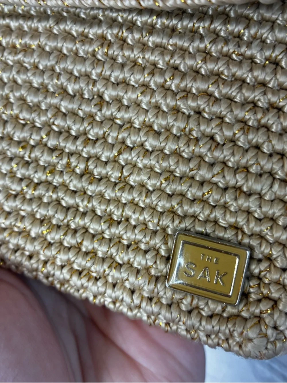 The Sak Small Woven Flap Minimalist Square Crossbody Bag Beige Tan Metallic Gold